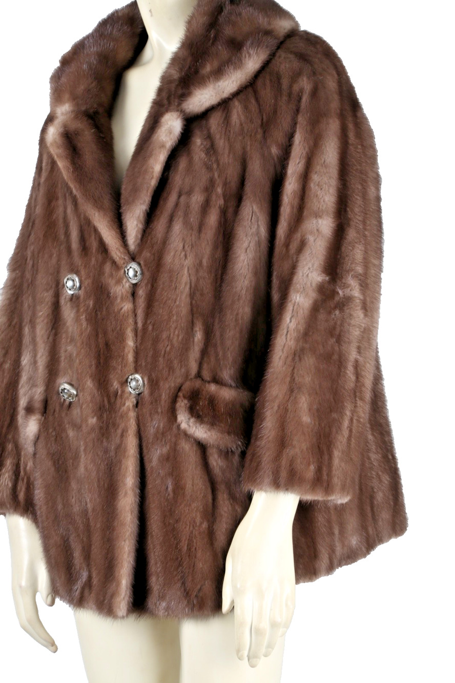 Vintage Furs by Clyde Genuine Brown Mink Fur Double Breasted Swing Jacket Coat S